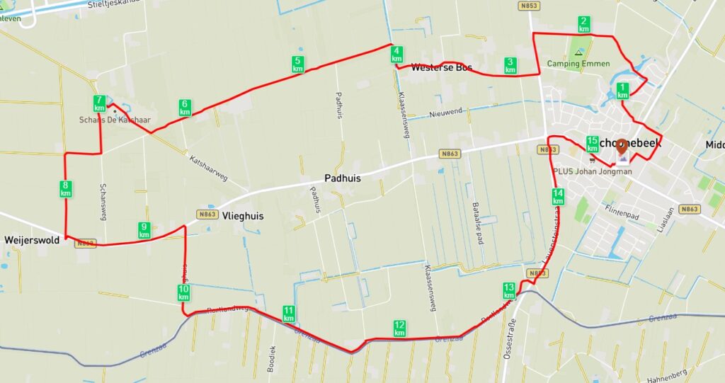 Routekaartje Olieveldenroute (15 km)