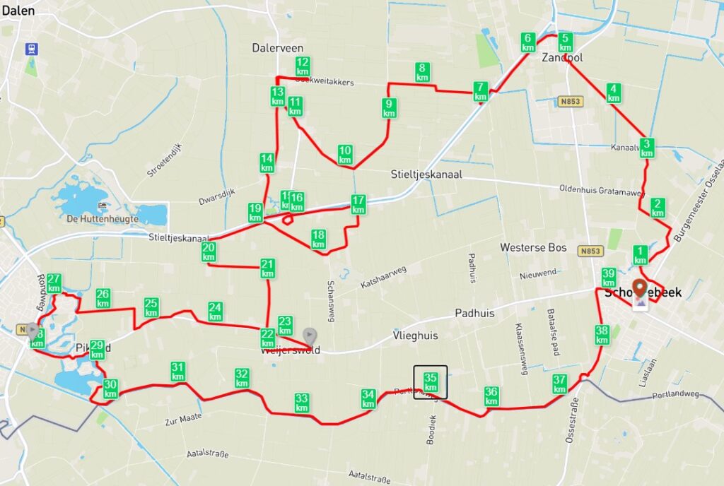 Routekaartje Grenslopersroute (40 km)